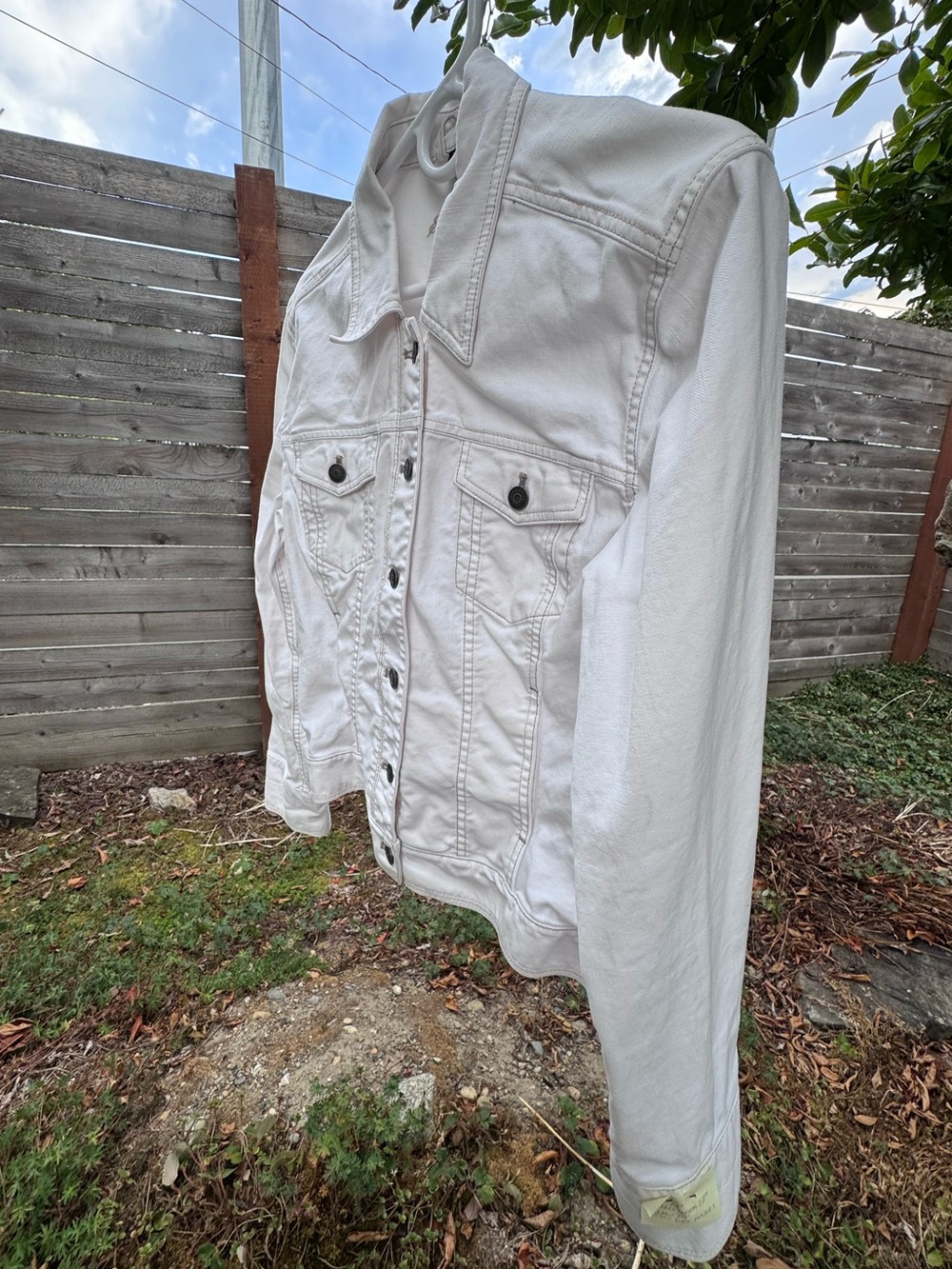 Eddie Bauer White Denim Jacket with Taupe Stitching L